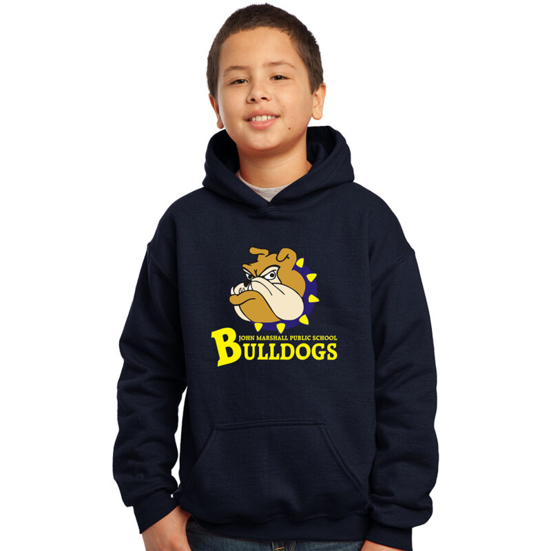 John Marshall Bulldogs Youth 50/50 Pull-Over Hooded Sweatshirt Full-Colour Bulldogs Logo Embroidered - #JMB-18500B-E1