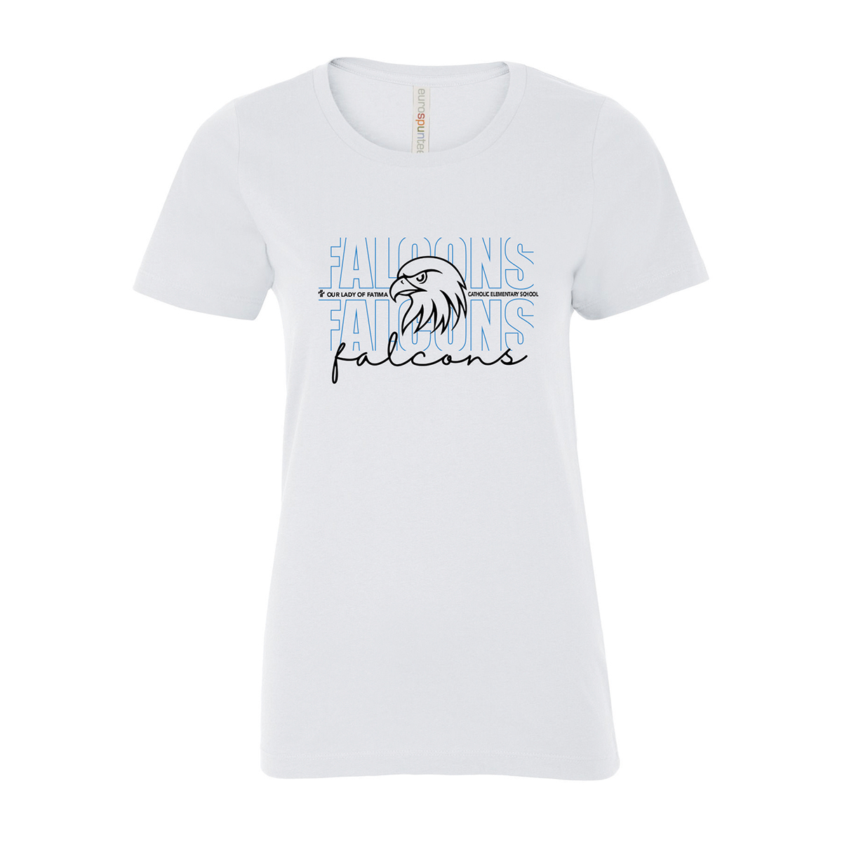 Our Lady of Fatima Falcons Staff Ladies' EUROSPUN RING SPUN TEE Falcons Mascot Logo Printed – #OLFSTAFF-ATC8000L-P1