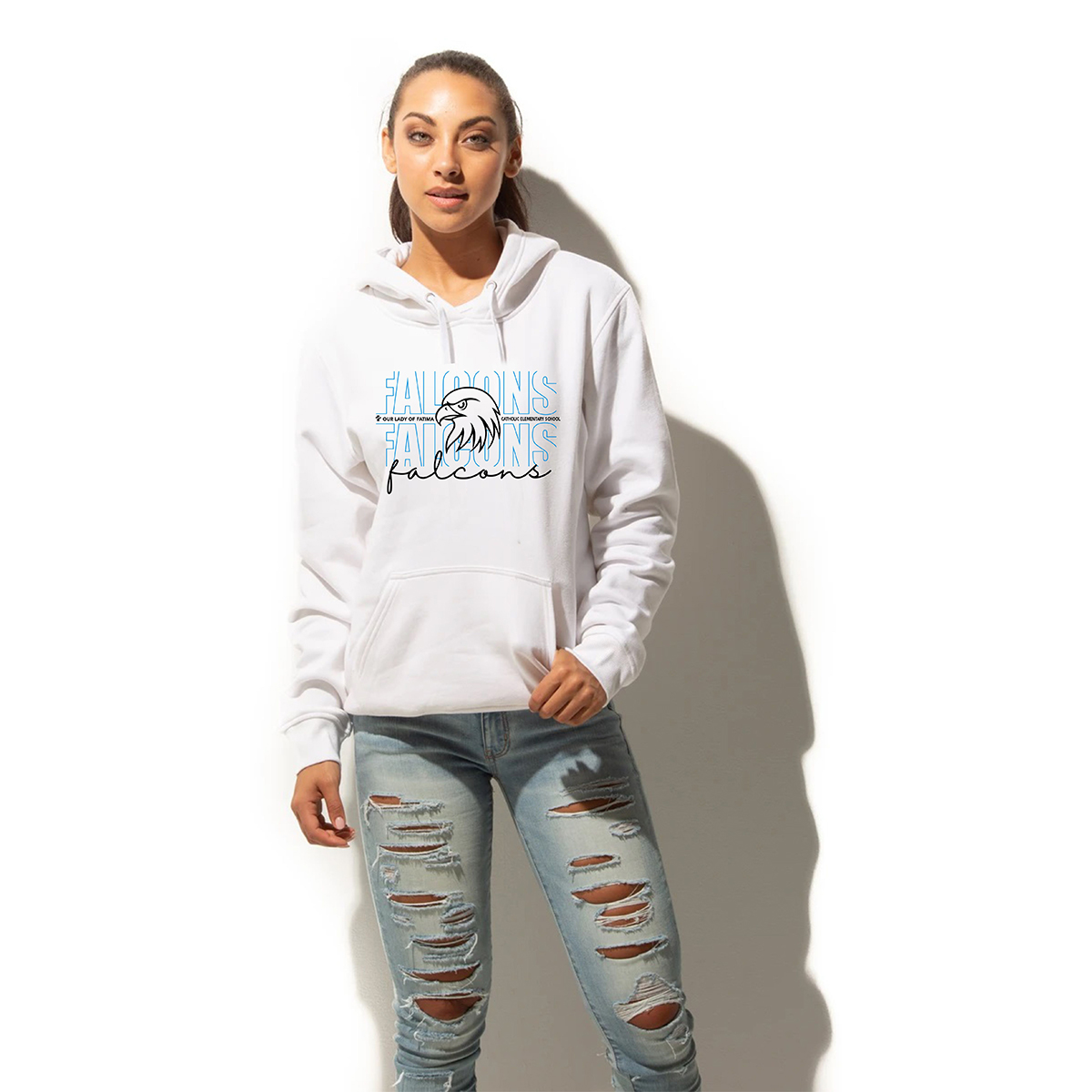 Our Lady of Fatima Falcons Staff Adult JLH Pull-Over Hooded Sweatshirt Falcons Mascot Logo Printed – #OLFSTAFF-2020-P1 - Image 2