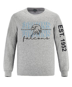 Alternative view of Our Lady of Fatima Falcons Staff Men's RING SPUN Combed Cotton Long Sleeve Crewneck T-Shirt Falcons Mascot Logo with EST 1952 on Sleeve Printed- #OLFSTAFF-S05615-P1