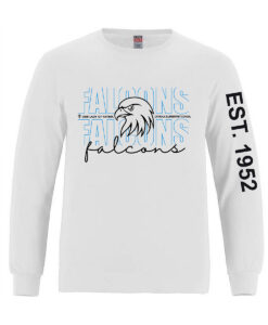 Our Lady of Fatima Falcons Staff Men's RING SPUN Combed Cotton Long Sleeve Crewneck T-Shirt Falcons Mascot Logo with EST 1952 on Sleeve Printed- #OLFSTAFF-S05615-P1