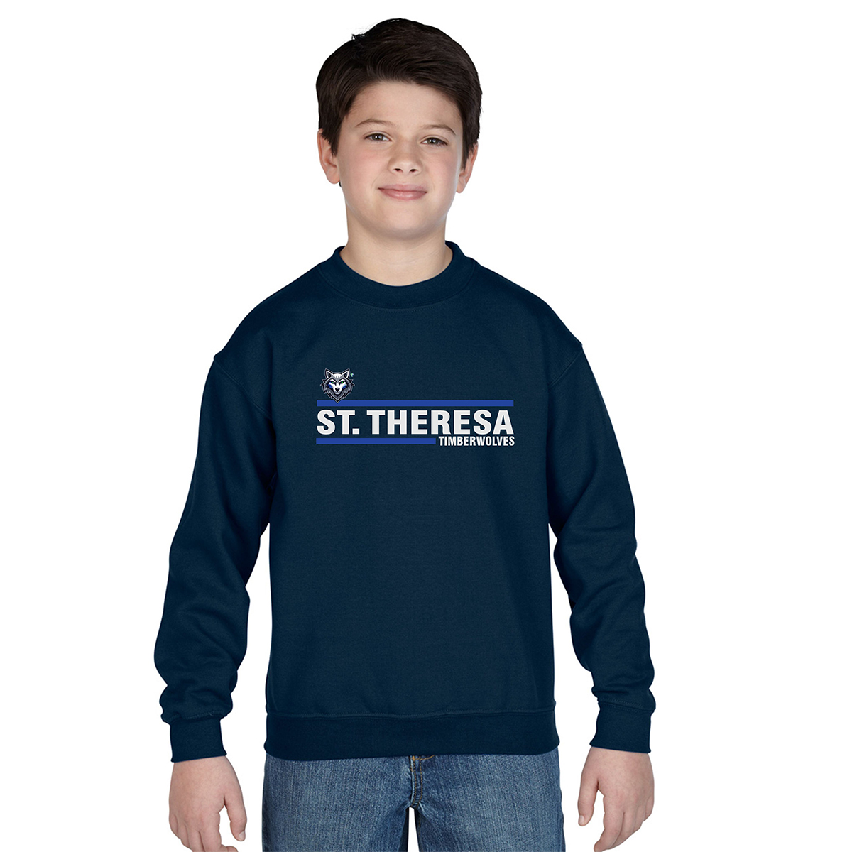 St. Theresa Timberwolves Youth Crew Neck Sweatshirt Bars Logo Printed – #STTHERESA-18000B-P2