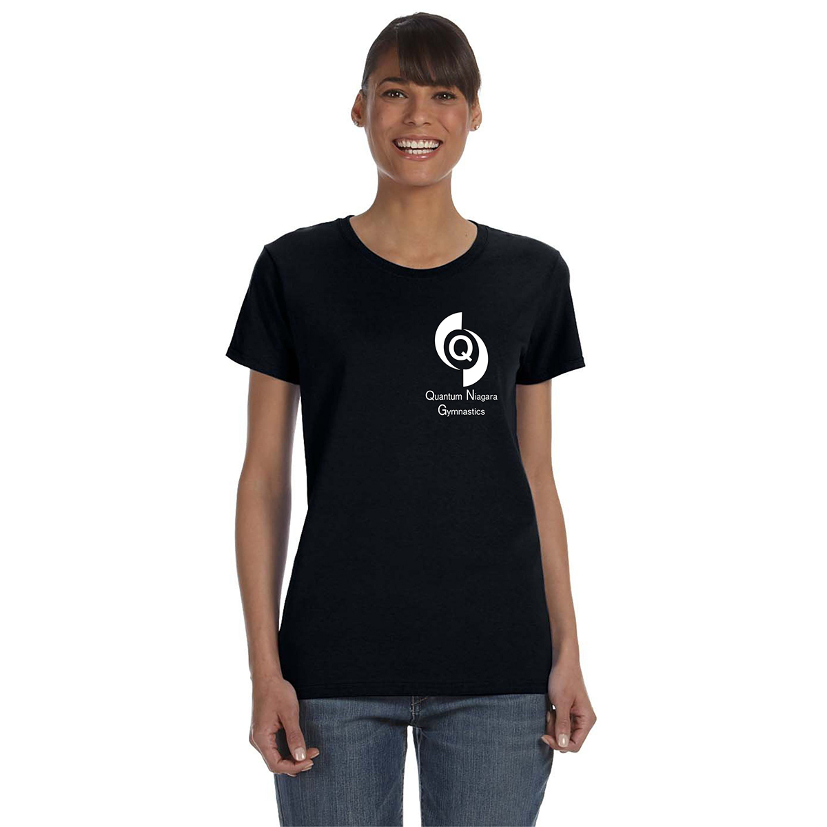 Quantum Gymnastics Ladies' 100% Cotton Short Sleeve T-Shirt Quantum Gymnastics Logo on Left Chest Printed – #QNGI-5000L-P